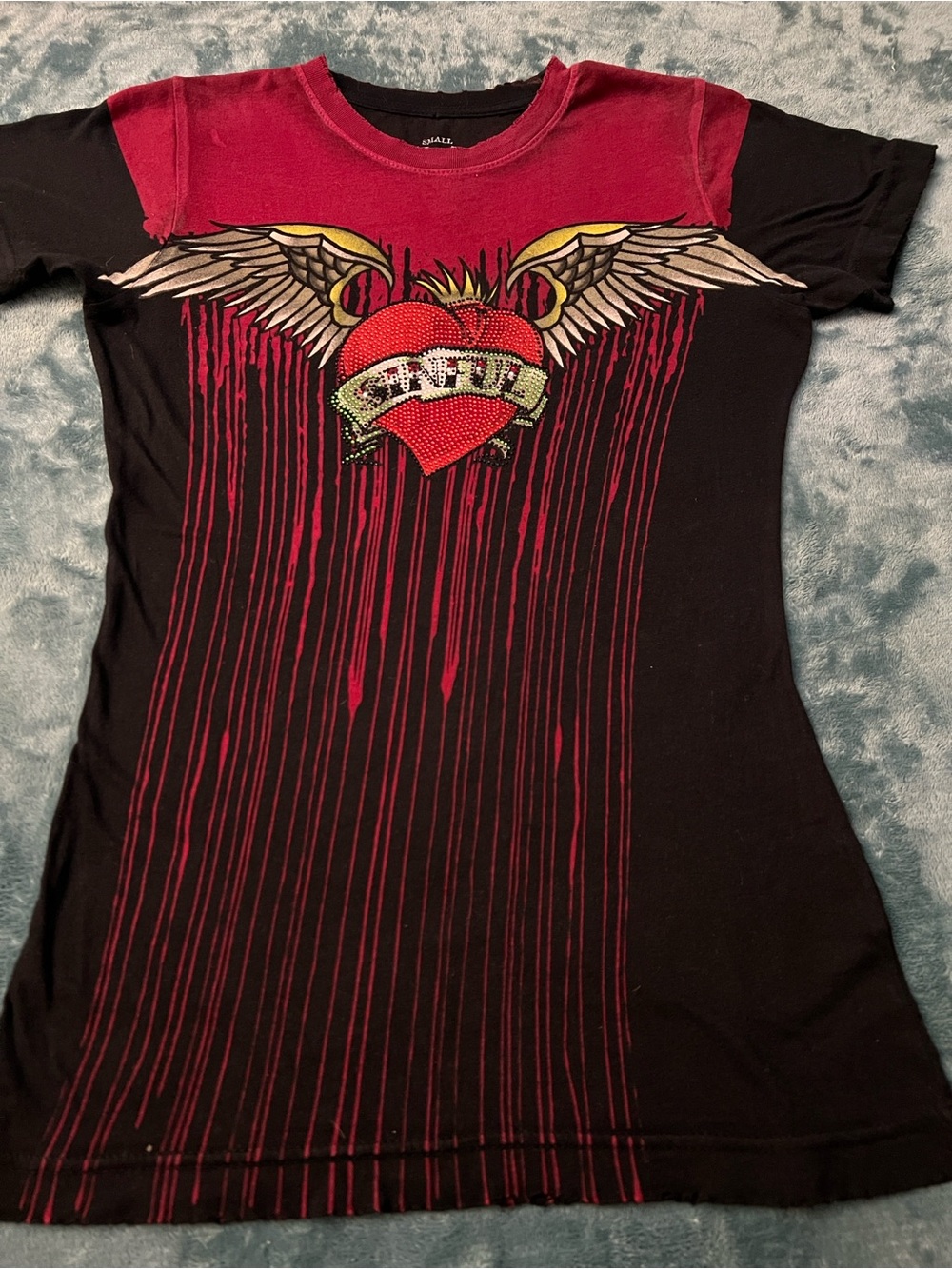 Vintage Y2K Sinful by Affliction Winged Heart Graphic Tee - Black & Red